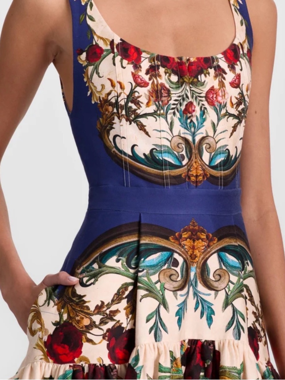 Alice + Olivia Blue, Cream and Red Baroque High-Low Dress - Picture 2 of 6